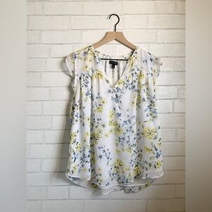 Banana Republic White & Yellow Romantic Floral Ruffle Sleeve Blouse L